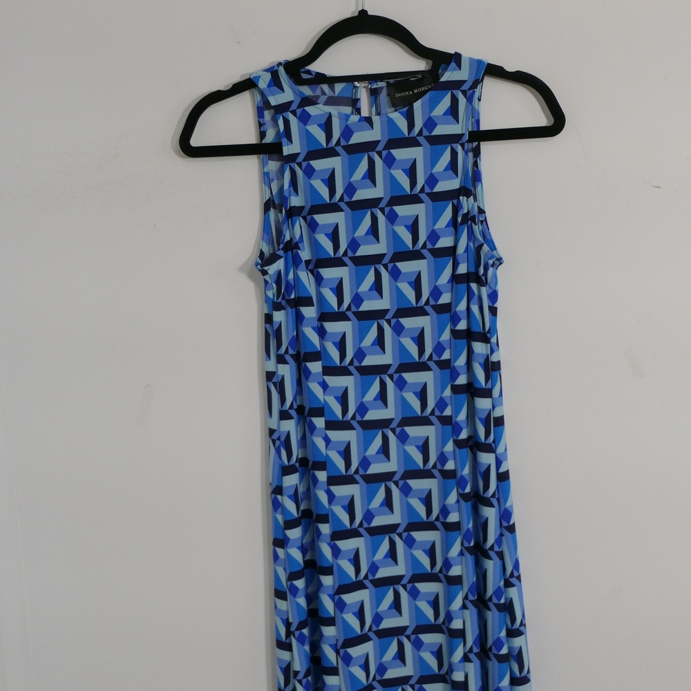 Donna Morgan Womens Dress 0 Blue Maxi Geometric Mod Stretch Sleeveless Bold